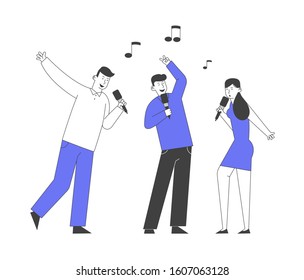 Happy Friends Company Holding Microphones Singing in Karaoke Club Having Active Weekend Sparetime or Celebrate Holidays. Corporate Party Celebration, Relax. Cartoon Flat Vector Illustration, Line Art