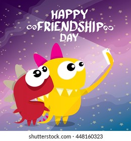 Happy friends day background with funny cartoon monsters. Kids friend background. Friendship concept illustration