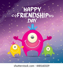 Happy friends day background with funny cartoon monsters. Kids friend background. Friendship concept illustration