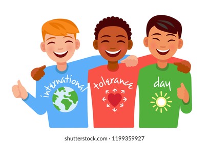 felices amigos de diferentes naciones abrazándose y sonriendo. día internacional de la tolerancia.