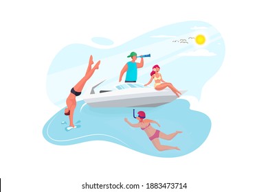 Happy friends diving from sailing boat into the sea - Young people jumping inside ocean in summer excursion day.