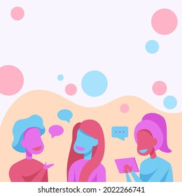 Happy Friends Drawing Standing Talking To Each Other With Speech Bubbles And Tablet. Colleagues Design Stands Speaking To One Another Having Fun Conversation.