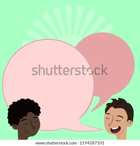 Happy Friends Drawing Standing Talking To Each Other With Speech Bubbles. Colleagues Design Stands Speaking To One Another Having Fun Conversation.