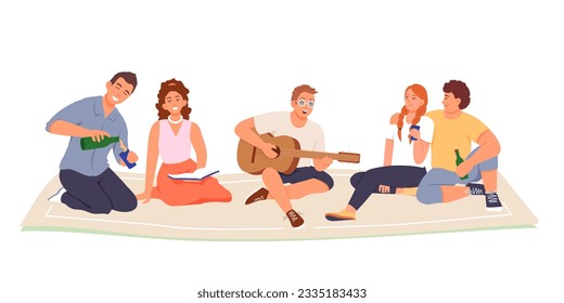 Happy friends drinking beer, playing guitar and singing. Summer leisure in park. Calm and active recreation of young people. Friends had picnic. Flat vector illustration in cartoon style