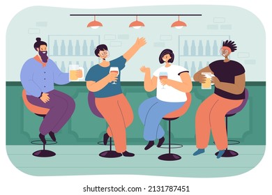 Happy friends drinking beer and wine in pub. People sitting at bar and having alcoholic drinks flat vector illustration. Celebration, relaxation concept for banner, website design or landing web page