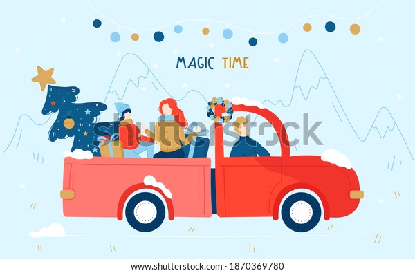 Happy friends\
drive a bright car and carry a Christmas tree and gifts. Vector\
flat design of people. Cozy cartoon holiday illustration. Happy New\
Year And Merry Christmas\
postcard