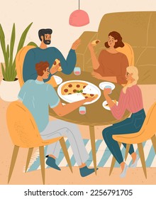 Happy friends eating pizza in pizzeria vector