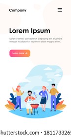 Happy friends enjoying barbecue party. Man in apron with spatula grilling meat outdoors flat vector illustration. Leisure, summer, food concept for banner, website design or landing web page