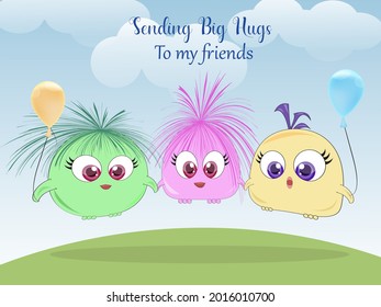 Happy friends enjoying Friendship Day. Cartoon hand drawn cats and birds for your design. Vector illustration.
