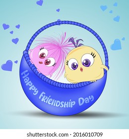 Happy friends enjoying Friendship Day. Cartoon hand drawn cats and birds for your design. Vector illustration.