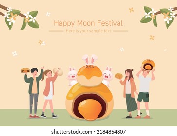 Happy friends family celebrating mid-autumn festival with bunny, traditional food: moon cakes, pastry desserts, vector poster