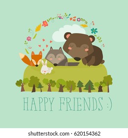 Happy friends in the forest. Bear,fox,rabbit wolf