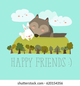 Happy friends in the forest. Wolf,rabbit
