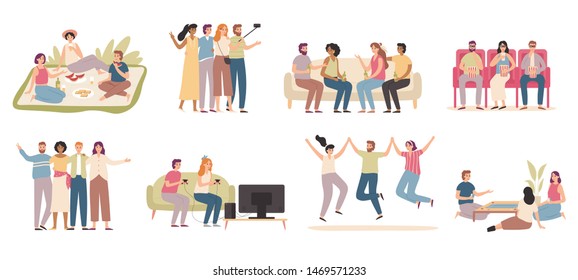 Happy friends. Friendly people spend time together, friend playing game and talking with friends. Millennials teen friendship celebrating hugging, Flat isolated vector icons illustration set