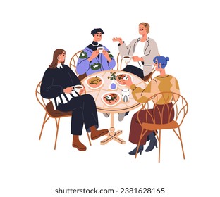 Happy friends gathering around table, eating lunch together, talking. People meeting for breakfast, chatting, discussing, drinking tea. Flat graphic vector illustration isolated on white background