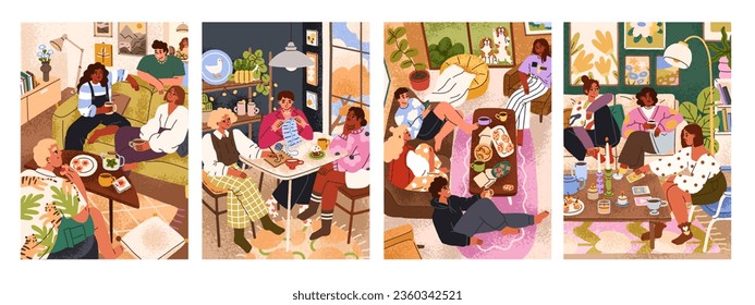 Happy friends gathering at hygge home. Tea time, house party cards set. Teatime in cozy apartment, living room interiors. Young people relaxing at table, drinking coffee. Flat vector illustrations