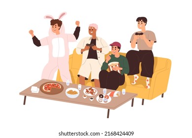 Happy friends gathering, playing video game together. Young man, videogame players on sofa, relaxing with consoles and food on home party. Flat vector illustration isolated on white background