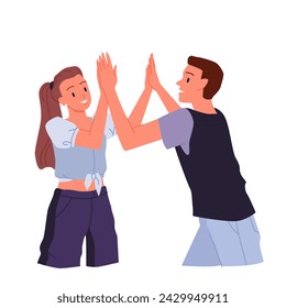 Happy friends give high five. Young man and woman clap with palms together in informal communication gesture of friendship, victory and greeting, positive body language cartoon vector illustration