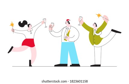 Happy friends with glasses of champagne having fun time together. Business people at a Christmas and New Year's corporate party. Flat Art Vector Illustration