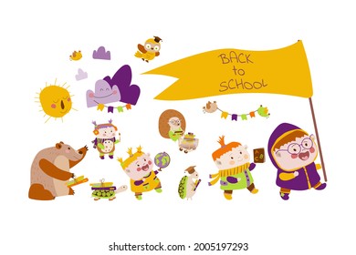 Happy friends go to school. Cheerful children go to school with animals. Back to school. Vector illustration in cartoon style on white background. Hand drawn. Isolate. For printing postcards, posters.