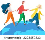 Happy friends goes around world. Young people holding hands walking on planet isolated concept. Friendship of people from all over world. Limitless opportunities for students. Cheerful travelers