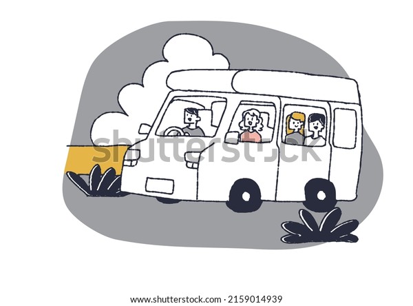 Happy friends going out in\
a camper van, a comical handwritten person vector, a warm line\
drawing\
