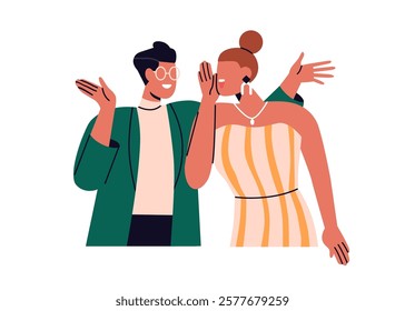 Happy friends gossiping, sharing secret. Woman telling rumors, whispering, speaking. Joyful funny conversation. Chatting, laughing, gesturing. Flat vector illustration isolated on white background