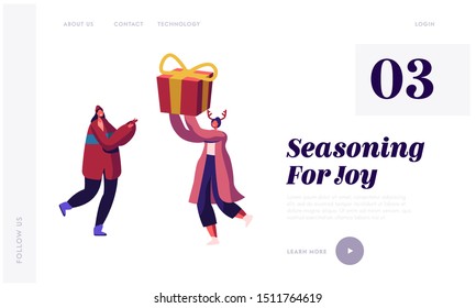 Happy Friends Greetings Website Landing Page. Female Characters Giving Presents to Each Other on Winter Holidays Celebration. Festive Event with Gifts Web Page Banner. Cartoon Flat Vector Illustration