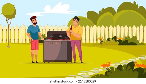 Happy friends grilling barbeque on green lawn near house and fence vector illustration. Cartoon male characters cooking meat with tools, drinking beer on BBQ fun party background. Weekend concept