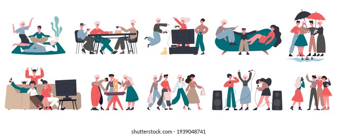 Happy friends. Group of friends characters, enjoy drinking tea, shopping and singing. Cheerful friends hanging out together vector illustration set