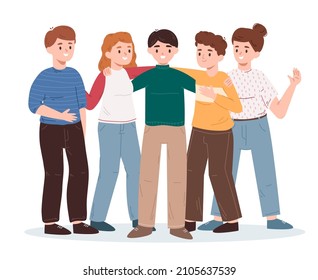 Happy friends group gathering, holding hands and hugging together. Young friends diverse group standing together vector illustration. Friendship and communication concept gathering friends