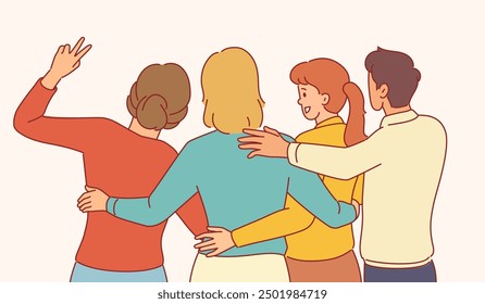 Happy friends group hug. View from back, friendly relations, people team embrace, friendship and support, standing together, Cheerful person cartoon flat style isolated vector concept