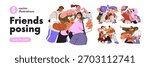 Happy friends groups posing together set. Young people standing for portrait photo, selfie on phone. Girls and guys smiling, laughing with fun. Flat vector illustration isolated on white background