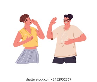 Amigos felices se ríen de la broma divertida juntos. Personas riéndose a carcajadas, diviértanse. Hombre y mujer alegres risas, cortos, risas. Ilustración vectorial aislada plana sobre fondo blanco