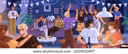 Happy friends have fun at house party at night. Students celebrate Birthday, holiday at home. People dance with music, drink alcohol, sits and talk on sofa in cozy room. Flat vector illustration