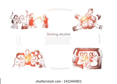 Happy friends having fun in bar, hands holding beer glasses, adult recreation, leisure, pastime, partying banner