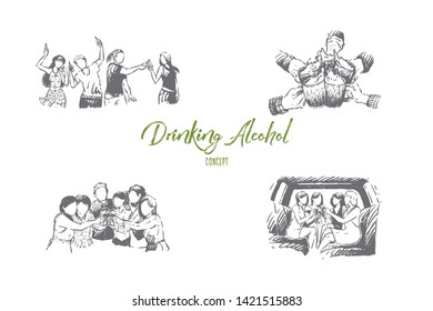 Happy friends having fun in bar, hands holding beer glasses, adult recreation, leisure, pastime, partying banner. Young men and women drinking alcohol concept sketch. Hand drawn vector illustration