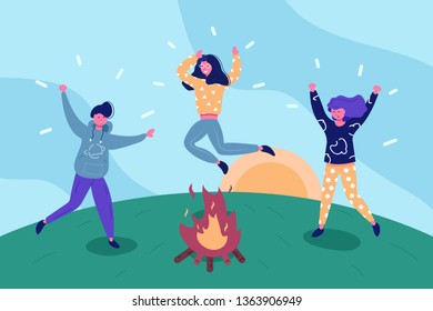 Happy friends having fun outdoors vector illustration. Boy and girls camping and jumping around fire flat style concept. Holiday concept. Sunrise on green hill background