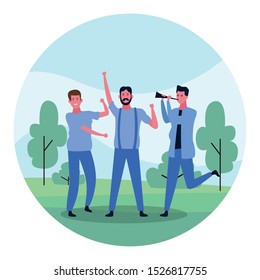 Happy friends having fun in the park over white background, colorful design. vector illustration