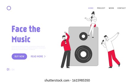 Happy Friends Having Fun Singing at Karaoke Bar or Night Club Website Landing Page. People with Great Mood Having Party in Modern Nightclub Web Page Banner. Cartoon Flat Vector Illustration, Line Art