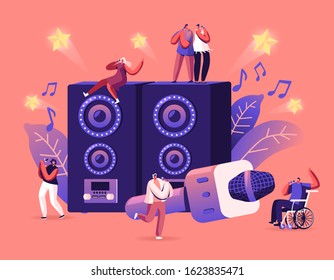 Happy Friends Having Fun Singing at Karaoke Bar or Night Club. Tiny People near Huge Dynamics and Microphone Having Party in Trendy Modern Nightclub. Event Celebration. Cartoon Vector Illustration