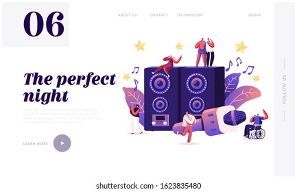 Happy Friends Having Fun Singing at Karaoke Bar or Night Club Website Landing Page. Tiny People near Huge Dynamics and Microphone Party Celebration Web Page Banner. Cartoon Flat Vector Illustration