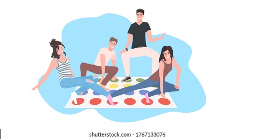 happy friends having fun together people playing twister games at home leisure activity concept horizontal full length vector illustration