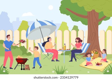 Amigos felices haciendo picnic en la ilustración vectorial del patio trasero. Hombre cocinando barbacoa mientras las mujeres toman limonada en la mesa bajo el paraguas y los niños comen frutas. Menú de verano, concepto de comida