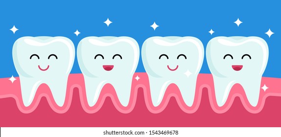 Happy friends healthy teeth are smiling after brushing and whitening. concept of pediatric stomatology. vector illustration