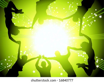 Happy friends, holiday background, with place for your text in center