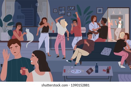 Happy friends at home party. Apartment or living room full of people having fun, dancing and talking. Young cute men and women spending time together at night. Flat cartoon vector illustration.