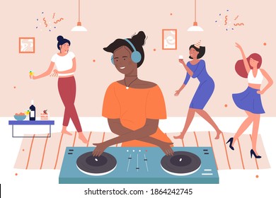 Happy friends home party with DJ vector illustration. Cartoon young black female character mixing modern digital music on turntables equipment, people dancing, drinking wine at home party