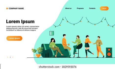 Happy friends at home party isolated flat vector illustration. Cartoon group of students dancing, talking and having fun together in apartment. Leisure and night activity concept