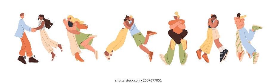 Happy friends hug. Love family. Romantic couple embrace. Friendship and reconciliation. Man toward woman. Excited persons cuddle. Cartoon young characters meeting. Reunion pose. Vector concepts set